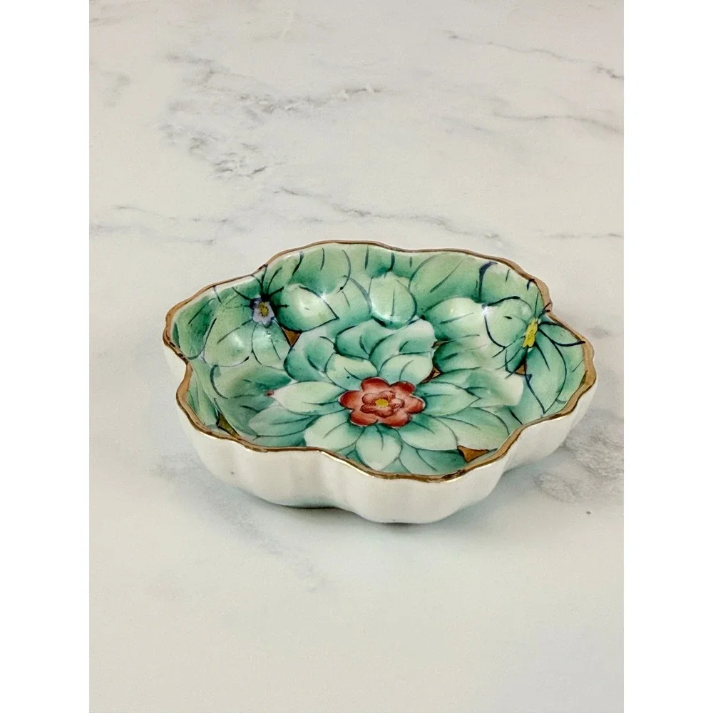 VTG 1964 Lenwil Ardalt Japan Green Floral Gilded Trinket Nut Nesting Dish 3 1/2